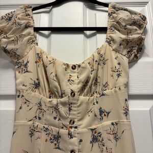 Fall Peasant Cream Floral Midi Dress with Ruffle Sleeves and Empire Waist